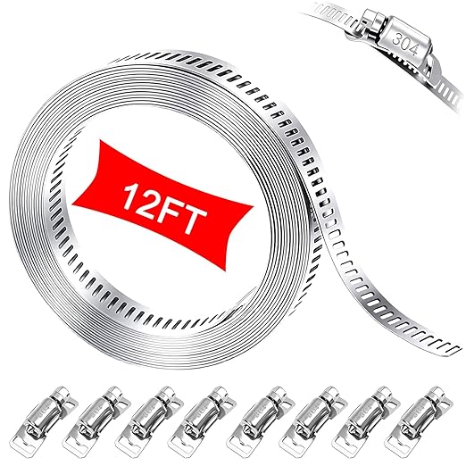 304 Stainless Steel Hose Clamp Assortment Kit,DIY 12FT Metal Strap + 8 Stronger Fasteners,Adjustable Large Worm Gear Hose Clamps Screw Clamps for Pipe,Duct,Tube,and Fuel Line