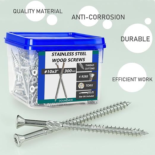 300pcs 304 Stainless Steel Deck Screws #10 x 3'' with Star Torx Drive Flat Head | Exterior Wood Structural Screws 3 Inch Rust Resistant Corrosion Resistance New