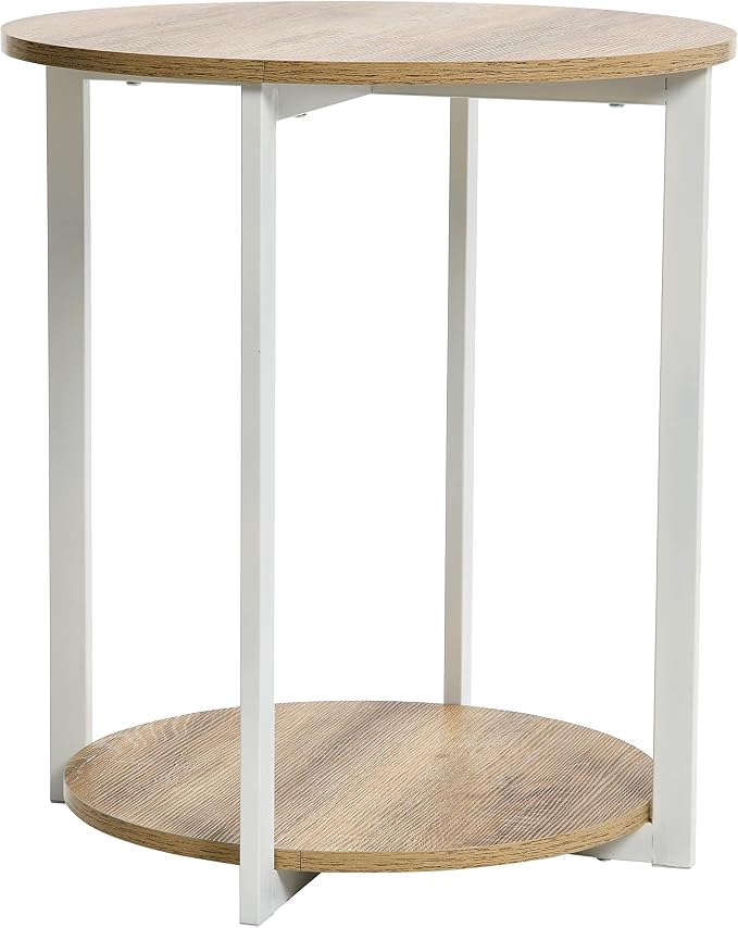 Household Essentials Jamestown Round Side End Table with Storage Shelf Coastal Oak Rustic Wood Grain and White Metal