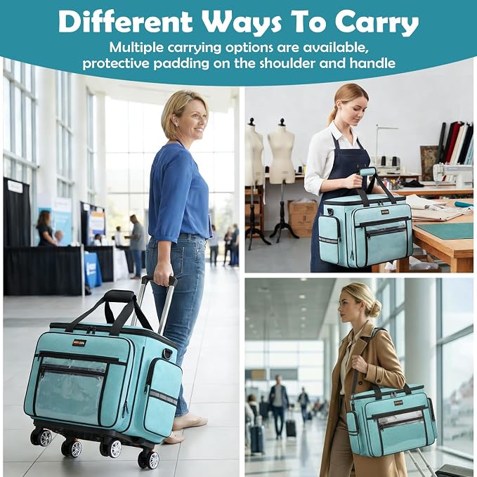 Sewing Machine Case with Wheels - Detachable Rolling Sewing Machine Case Fits Most Standard Sewing Machines And Storage Sewing Accessories, For Singer, Brother, Janome, Teal