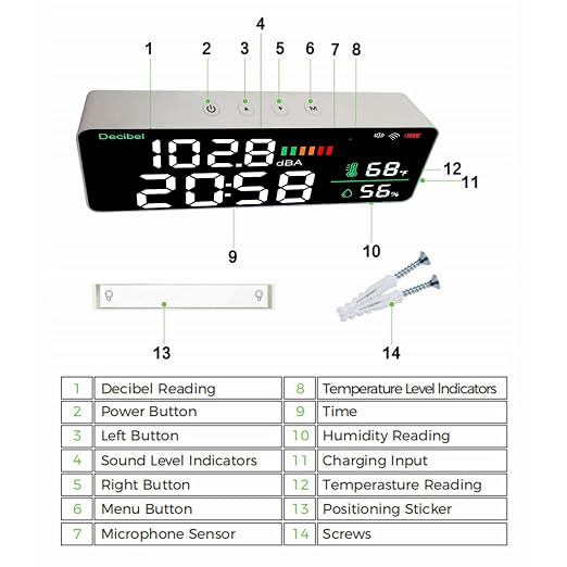 4 in 1 LED Decibel Meter Wall Mounted Sound Level Meter 11 Inch Large Display with Thermometer Hygrometer Clock for Noise Temperature Humidity Monitoring