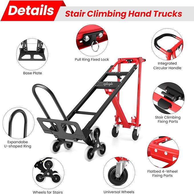 Heavy Duty 1000LBS Stair Climbing Dolly, 3 in 1 Convertible Hand Truck, Folding Hand Truck Dolly Cart with Solid Wheels for Moving/Travel/Office (Red)