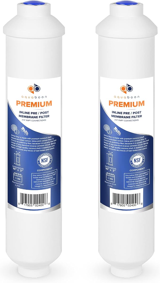 Aquaboon T33 Inline Carbon Filter - 1/4 Inline Water Filter for Refrigerator T33 Inline Ro Post/Granular Activated Carbon (GAC) Polishing Water Filter Cartridge for Reverse Osmosis System 2-Pack
