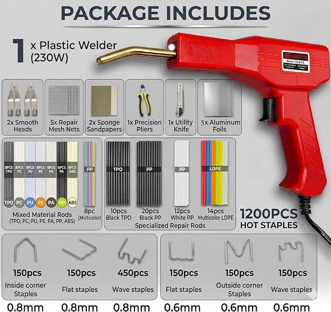 Upgraded 230W 2-in-1 Plastic Welder Kit,Hot Stapler Soldering Gun with 1200PCS Staples & 120PCS Welding Rods,Built-in Temperature Control Protector, Suitable for Most Plastics