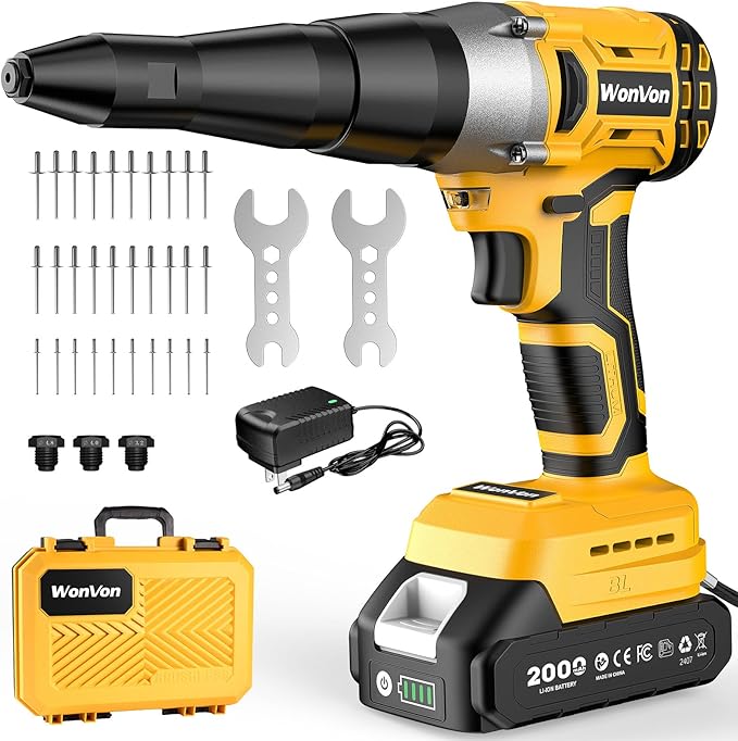WonVon Cordless Electric Rivet Gun Tool 20V Max Battery, Brushless Automatic Kit Rivets, Pop Rivet Gun with 3 Size (1/8", 5/32", 3/16") Rivets, 1*Battery, Fast Charger, Rivet Head, Led Light