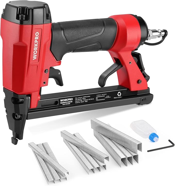 WORKPRO 7116 Pneumatic Staple Gun, 22 Gauge Upholstery Stapler with 1884pcs Staples 1/4" to 5/8", Air-Powered, Rear Exhaust, for Carpentry, Woodworking and DIY Projects
