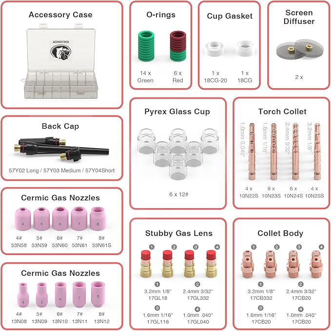 YESWELDER 71Pcs TIG Welding Torch Stubby Gas Lens #12 Glass Cup Kit For WP-17/18/26
