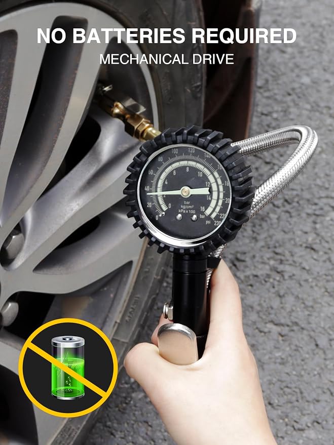 AZUNO Heavy Duty Tire Pressure Gauge, Tire Inflator Gauge 230PSI Air Chuck Air Compressor Attachments, with Steel Braided Hose, Large 2.6" Glow Dial & Quick Connect Coupler, for Truck/Car/SUV/RV/Bike