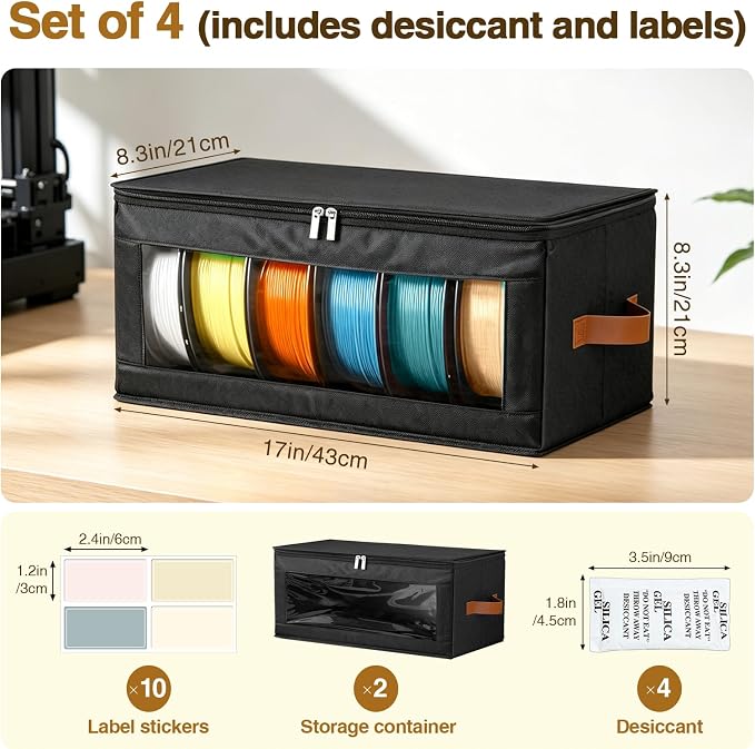 2 Pack Foldable Filament Storage Box, 3D Printer Filament Containers with Transparent Window, Desiccants & Labels, Holds 12 Rolls, Water-Resistant Organizer for Home Office Workshop Studio