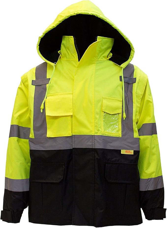 NY Hi-Viz Workwear J8511/J8512 Men's Ansi Class 3 High Visibility Safety Jacket With Zipper, PVC Pocket, Black Bottom