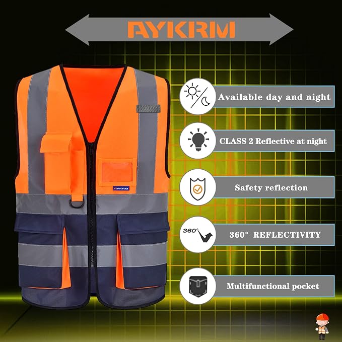 A-SAFETY Hi-Vis Safety Vest, 7 Pockets, Front Zipper, Orange/Navy, 4XL-5XL | Orange/Navy 4XL-5XL safety vest with reinforced pockets, black front zipper and clear ID holder for warehouse logistics.