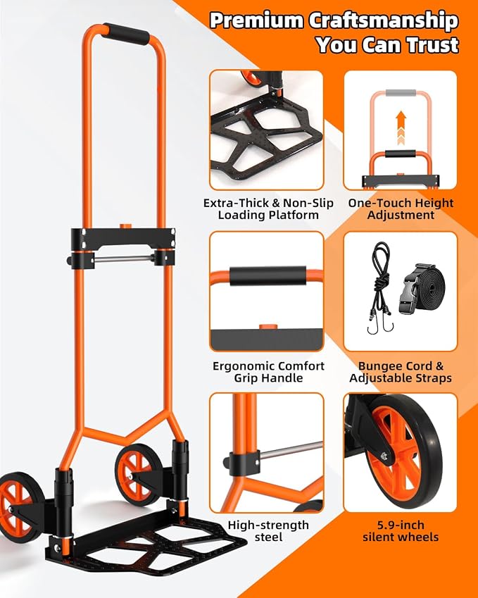 Folding Hand Truck, 180Lbs Capacity, Portable Dolly Cart with 5.9" Wheels and Telescoping Handle, Lightweight Hand Truck Dolly for Dormitory, Home, Office, Food, Shopping, logistics, Warehouse, Orange