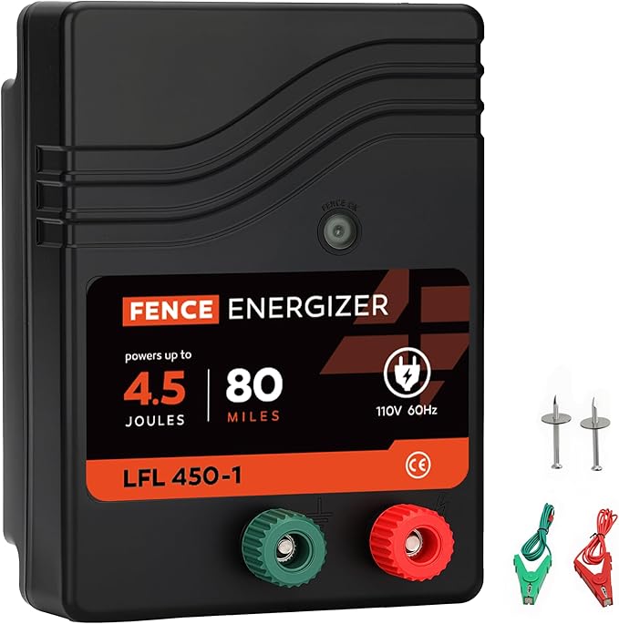 Electric Fence Charger AC Powered 80 Miles 250 Acres, 110 Volt 4.5 Joule Plug-in Electric Fence Energizer, Output Voltage Max 10 kV for Livestock, Preventing Predators from Intruding