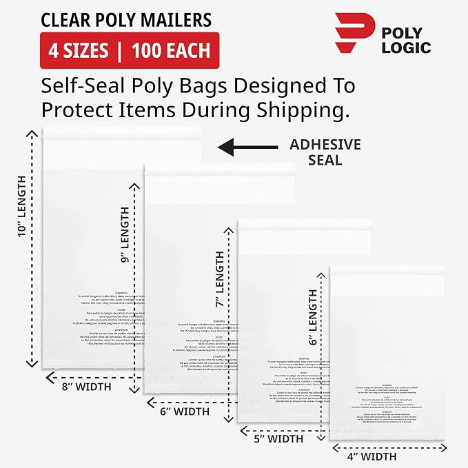 Clear Resealable Poly Bags with Suffocation Warning (400 Pack) - 4 Sizes: 4x6, 5x7, 6x9, 8x10 - Self-Seal Plastic Sleeves for Packaging