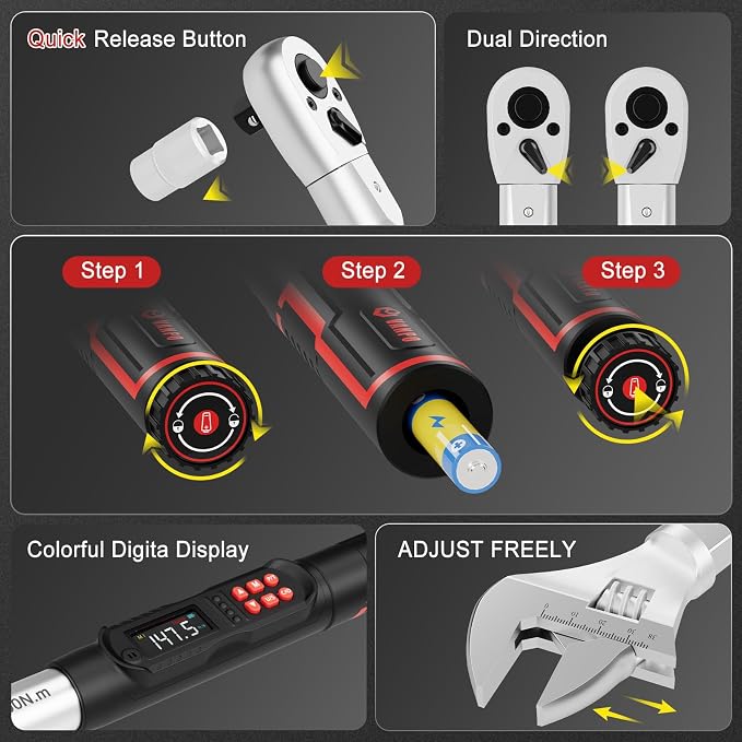 VANPO Adjustable Digital Torque Wrench, 7.38-147.5 Ft.lb/10-200Nm for HVAC | Electronic Torque Wrench with 38mm Jaw and 1/2" Ratchet, ±2% Accuracy, Buzzer, Vibration and LED Indicator for Split AC, Car