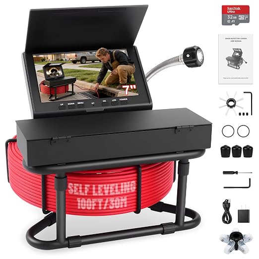 Sewer Camera Self-Leveling,100FT/30M Pipe Drain Inspection Camera with 7" 1080P HD Screen, Snake Plumbing Cameras with 9 LED Lights, IP68, 32GB Card, DVR Recording, for Duct Sewer Line Pipe Inspection