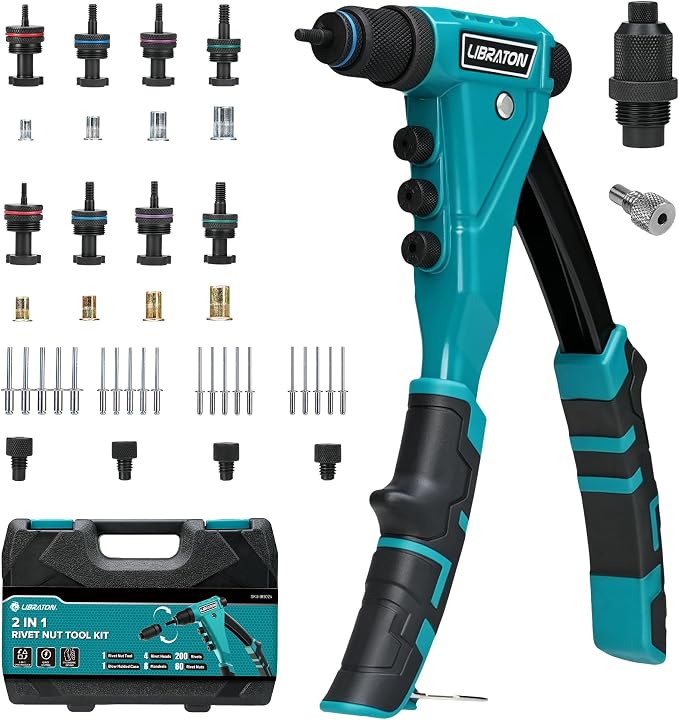 LIBRATON 2in1 Rivet Nut and Pop Rivet Gun Kit, with 8 Mandrels (Metric & SAE), 4 Nose Pieces (2.4-4.8mm), 80 Nuts and 200 Rivets, Adjustable Riveting Tool for DIY & Repair with Carrying Case