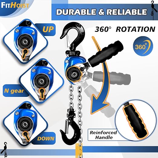 Mini Chain Hoist 1/4 ton with 2 Lift Sling Straps and Gloves 10ft Lift Small Come Along Alloy Steel G80 Chain 2 Heavy Duty Hooks, Manual Hoist for Garages Warehouse Automotive Machinery