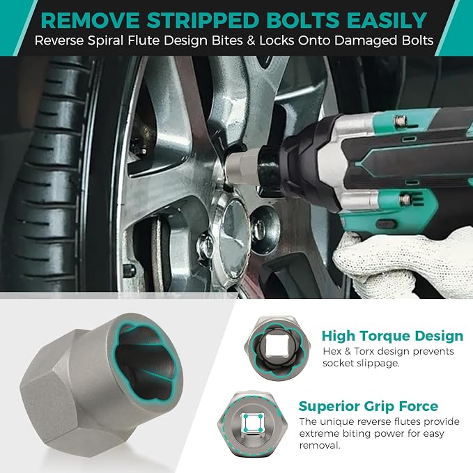 14-Piece Impact Bolt Extractor Set, 3/8" Drive 42CR-MO Steel Nut Remover Kit for Stripped, Frozen, Rusted, Rounded Bolts & Lug Nuts (Sizes 8-19mm), Automotive & Machinery Repair