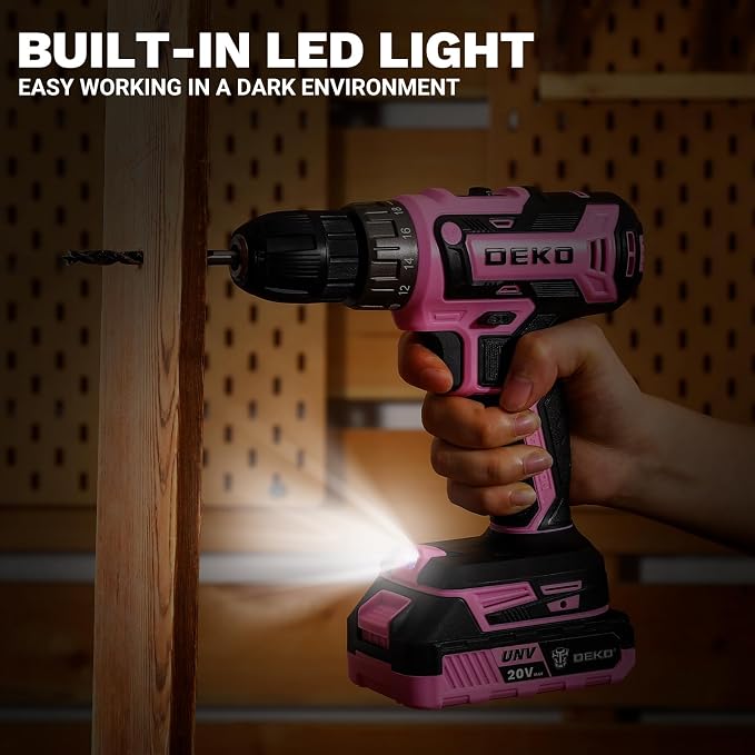 Power Drill Cordless: DEKOPRO 20V Electric Drills with 3/8-Inch Keyless Chuck, Variable Speed, Power Cordless Drill Set Tool with 2 Batteries, Charger&30 Accessories(Pink)