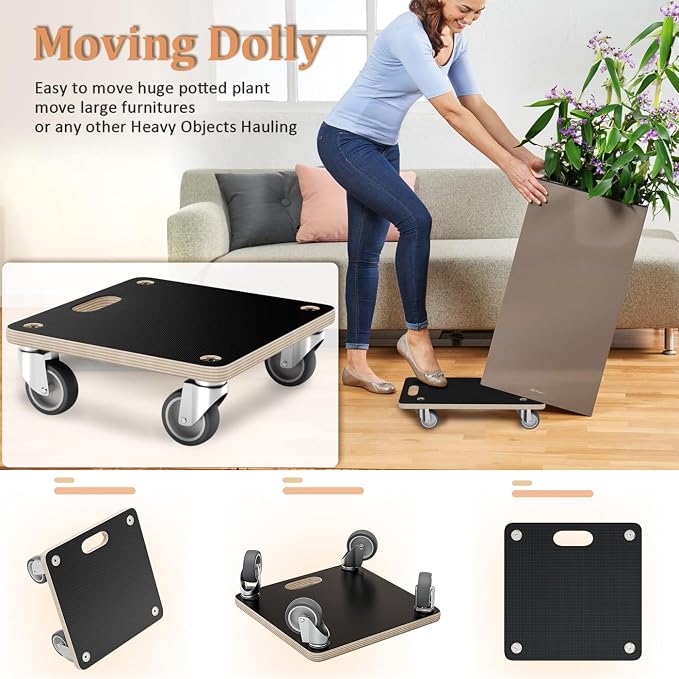 Furniture Mover Dolly Portable Wood Rolling Mover for Heavy Furniture Sofa Cabinet Refrigerator, with 4 360° Rotatable Rubber Universal Wheels, 550 Lbs Capacity, Black (2 Packs)