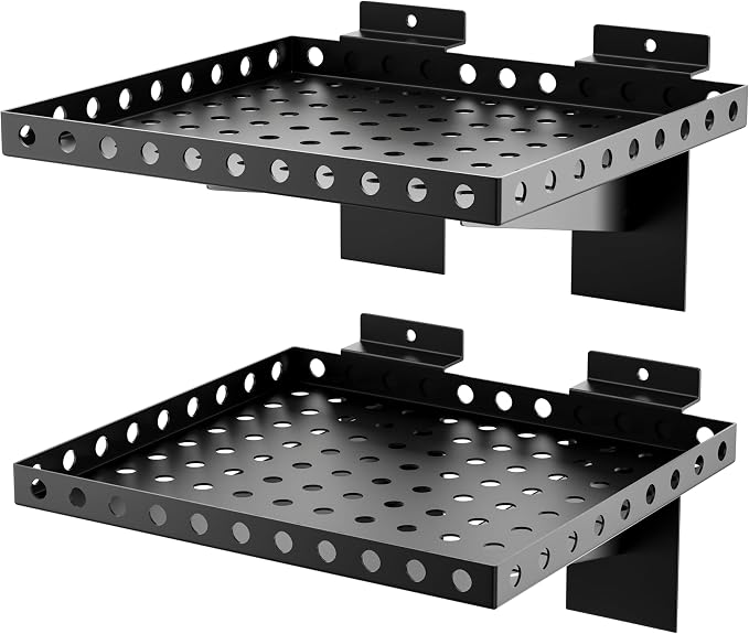 2 Pack Slatwall Shelves, Heavy Duty Metal Slat Wall Shelf for Retail, Garage, Home Storage, 20 lbs Load Capacity, Universal Slatwall Accessories(10 x 12 Inch-2, Black)