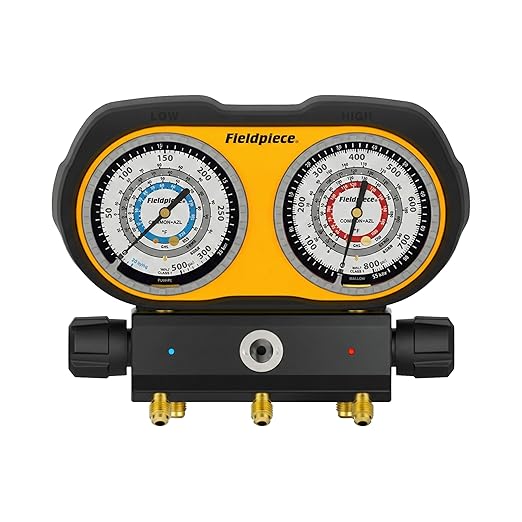 Fieldpiece GS334F 3-Port Analog Gauge Set – HVACR Refrigerant Manifold with Sight Glass, Swappable Hose Holders & High-Grip Knobs – Reliable Field Diagnostics