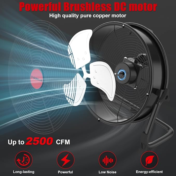 T-SUNiceM 16" Cordless Jobsite Fan Compatible with Milwaukee M18 18V Batteries, Battery Powered Floor Fan with AC Adapter, 2500 CFM Strong Airflow, Adjustable Speed, Tilt Head, USB Output, Tool Only