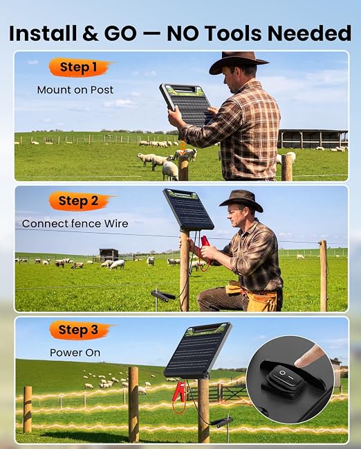 Solar Electric Fence Charger 1.0J, Epoify LD03 45 Mile Fence Energizer with 8W Solar Panel & 8000mAh Battery, Auto Short Circuit Alarm, Weatherproof for Cattle, Horses, Goats & Predator Control