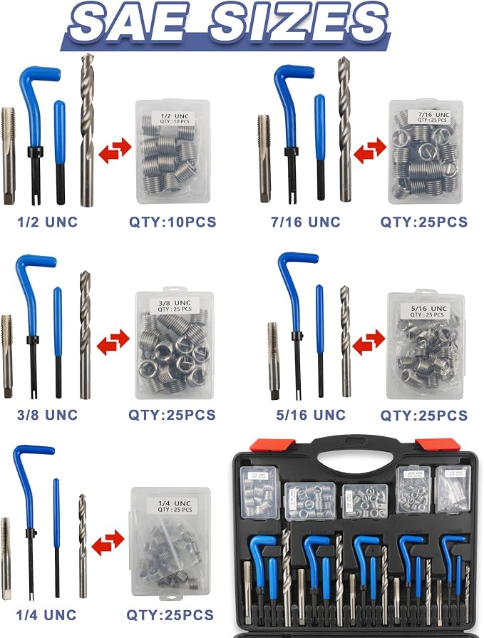 263PCS Helicoil Thread Repair Kit, Metric&SAE Thread Restorer Kit | HSS Helicoil Drill Rethreading Tools in 1/4" 5/16" 3/8" 7/16" 1/2" & M5 M6 M8 M10 M12 Sizes and Thread Gauge