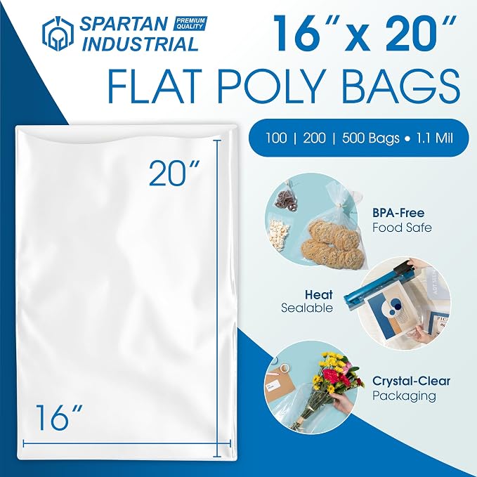 16" X 20" Open-End Flat Poly Bags (500 Count) - 1.1 Mil Clear Plastic Bags for Packaging, Shipping, Storage - No Adhesive Strip - Spartan Industrial