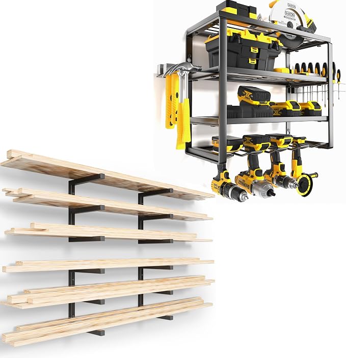 YYR 4 Layer Power Tool Organizer 16 Inch 4 Slots & Heavy Duty 4-Level Lumber Storage Rack Wall Mount