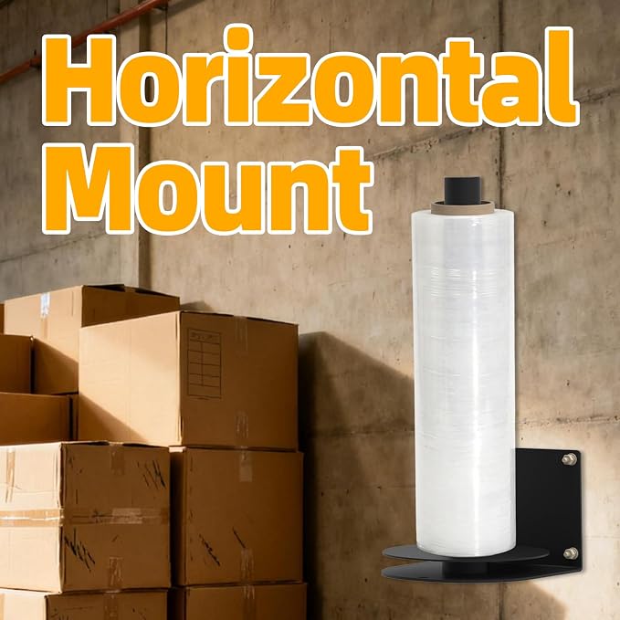 Wall Mounted Stretch Wrap Dispenser Stand – Heavy-Duty Shrink Film Roll Holder & Packing Rack for Warehouse Logistics Use – Sturdy Machine-Style Mount with Easy-Pull Handle for Smooth Wrapping
