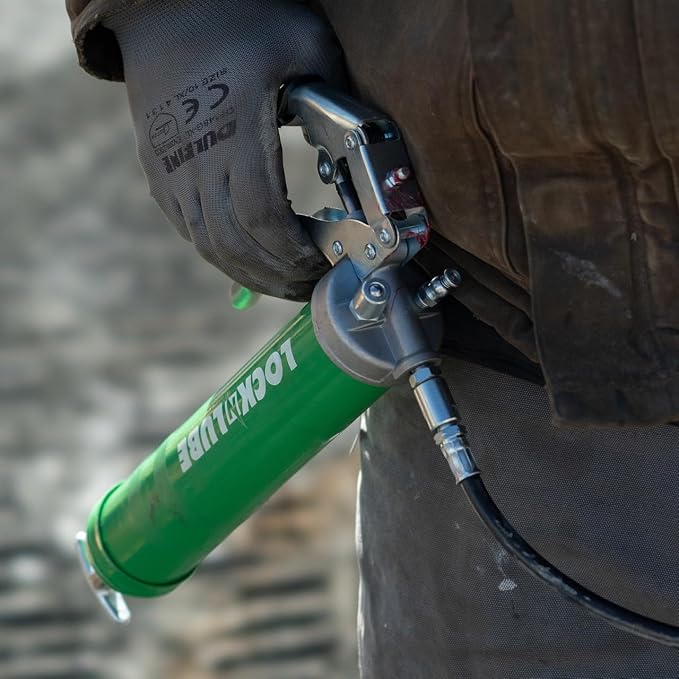 LockNLube Heavy-Duty Pistol Grip Grease Gun with our patented LockNLube® Locking Grease Coupler, 20" Hose, Inline Swivel, Rated 10,000 PSI