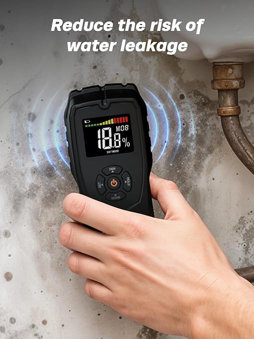 Moisture Meter Damp Meter Pinless Wood Moisture Meter for Walls Logs Firewood and Building Material, 4 Mode 9 Density Settings, Non-Destructive Moisture Detector with Backlit LCD and Alerts (Black)