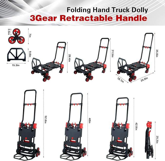 2 in 1 Folding Hand Truck Dolly,330LB Stair Climbing Dolly Cart with Wheels,Hand Truck Foldable with Telescoping Handle,Collapsible Hand Truck for Moving&Transportation(Red)