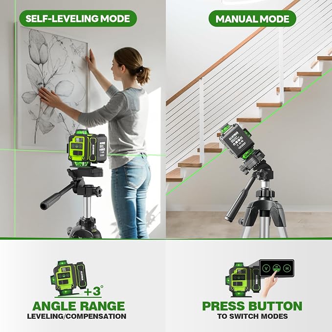Laser Level with Tripod, Alloyman 4x360° Self Leveling Laser Level, Green Line Laser 4D Laser Leveler Tool with 2Pcs Lithium Batteries for Picture Hanging, Tile, Home Renovation, Indoor(Green)