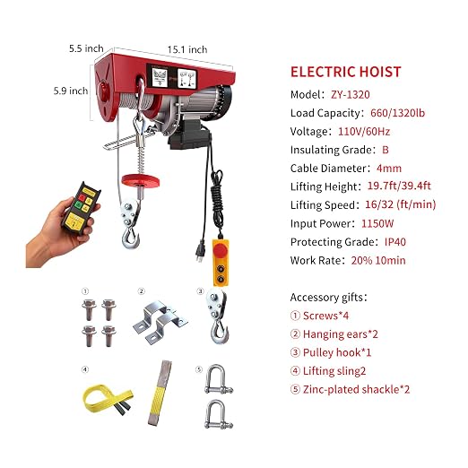 Electric Hoist, 1320 lbs 110V Electric Winch with 328 ft Wireless & 14 ft Wired Remote Control, Single/Double Slings, 40 ft Single Cable Lifting Height, Lift Hoist for Garage Warehouse Factory