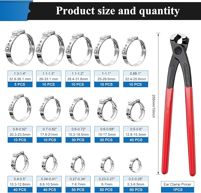 405Pcs 15 Sizes Single Ear Hose Clamp, 5.3-36.1mm 304 Stainless Steel Ear Hose Clamp Kit with Ear Clamp Pincer for Automotive, Plumbing, Fuel Line