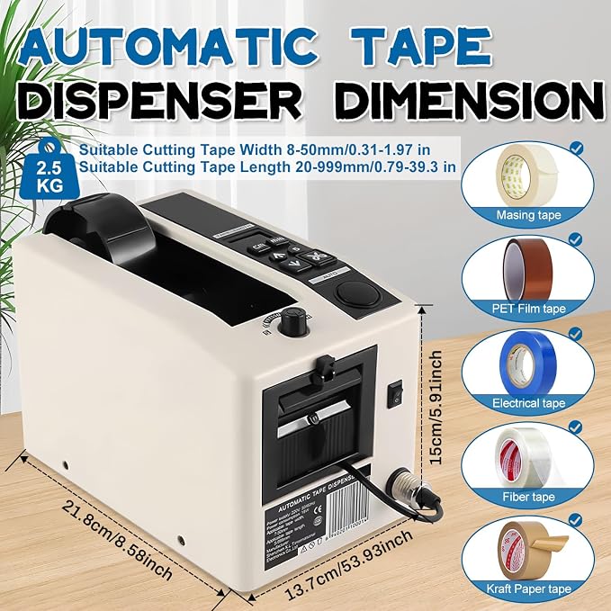 Electric Tape Cutting Machine, Automatic Tape Dispenser Cutting 8-50mm Width 999mm Cutting Length, Ribbon Cutting Machine for Wrapping/Packing Office Shipping, Businesses, Home Use