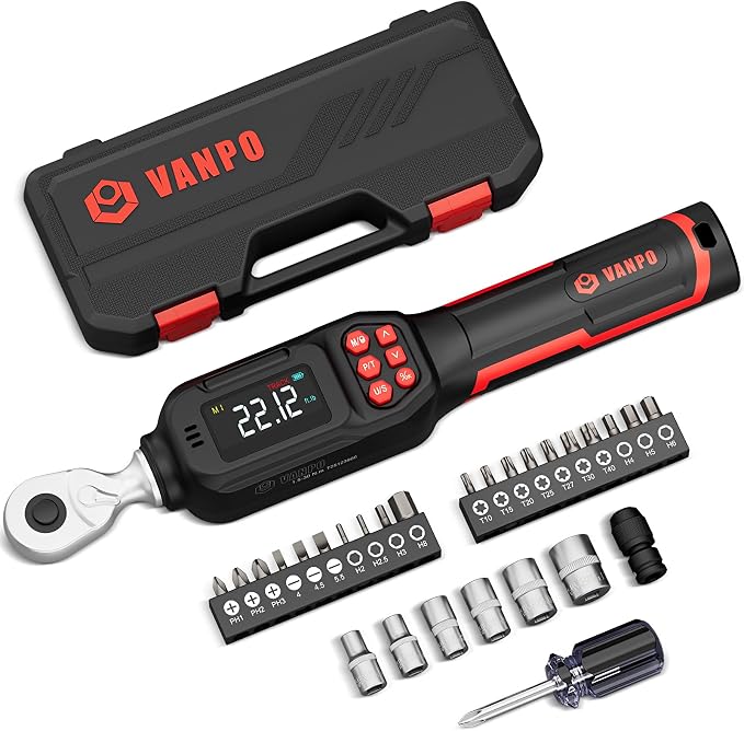 VANPO 1/4 Drive Digital Torque Wrench Set 1.11-22.12 ft.lb, ±2% Accuracy | 1.5-30 N.m Electronic Torque Wrench Set with Bits & Sockets, Buzzer/LED Indicator Alarm, for Carbon Fiber Bike, Motorcycle