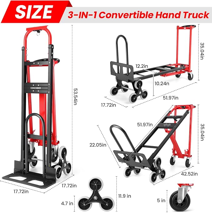 Heavy Duty 1000LBS Stair Climbing Dolly, 3 in 1 Convertible Hand Truck, Folding Hand Truck Dolly Cart with Solid Wheels for Moving/Travel/Office (Red)