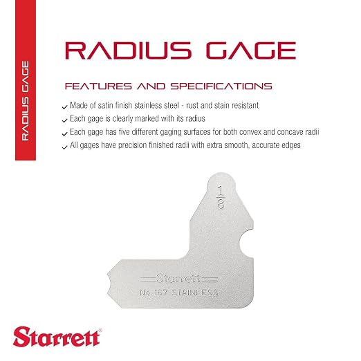 Starrett Individual Radius Gage for Both Convex and Concave Radii - Ideal for Carpenters and Constructions - Stainless Steel, 1/8" Radius Gage, Inch Reading - 167-1/8