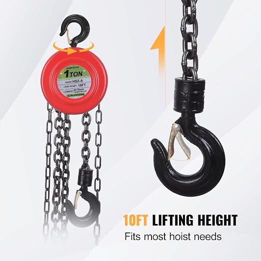 Hand Chain Hoist, 1 Ton 2200 lbs Capacity, 10 Feet with 2 Heavy Duty Hooks, Heavy Duty Steel Chain Fall Hoist for Warehouse Automotive Lifting