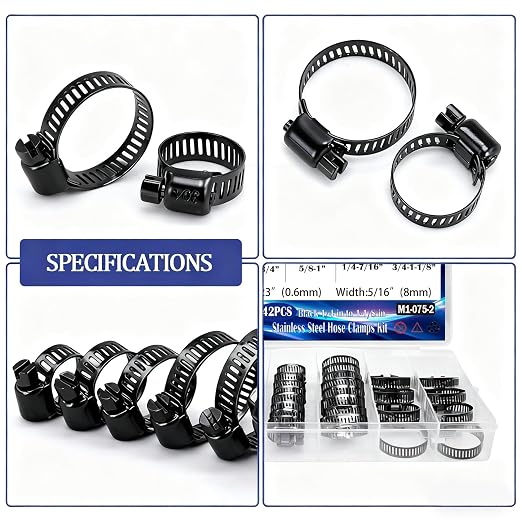 42PCS Black Stainless Steel Hose Clamps Assortment Kit,Metal Adjustable 1/4''–1-1/8''(6-29mm) Worm Gear Hose Clamp Small Hose Clamps for Automotive,Radiator Pipe,Plumbing,Fuel Line