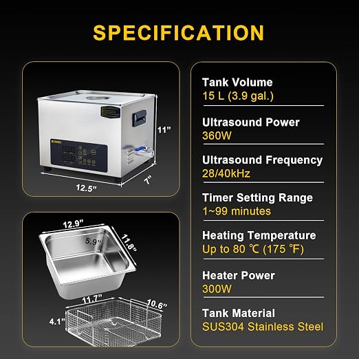 15L Ultrasonic Cleaner, One-Touch Cleaning, Heating, Dual-Frequency, Sweep Frequency, Touch Ultrasonic Cleaning Machine for Labs,Carburetor,Jewelry,Dentures,Automotive Parts