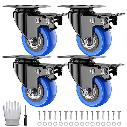 2 Inch Swivel Casters Set of 4, Locking Caster Wheels Heavy Duty, Polyurethane (PU) Plate Caster with Brake, Castor Wheels, Industrial Caster for Furniture, Workbench, Carts