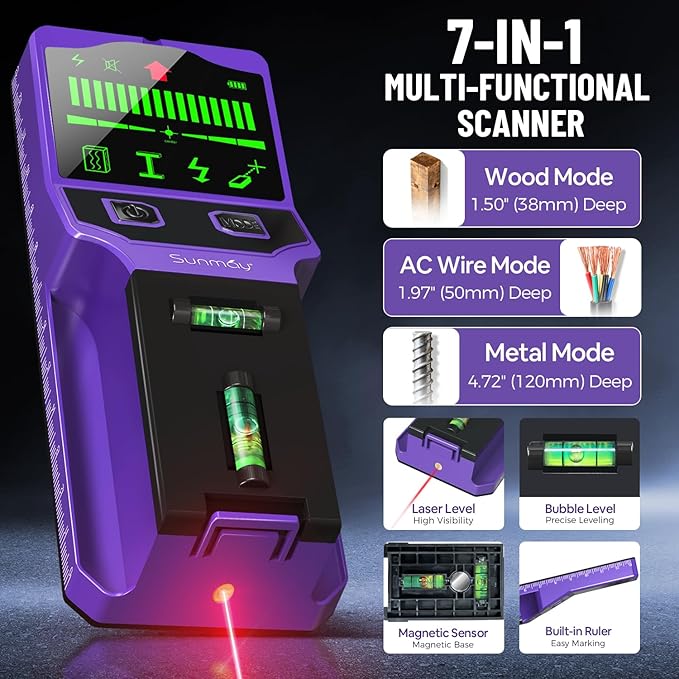 SUNMAY Stud Finder Wall Scanner,7-in-1 Stud Finder for Walls, Stud Detector Beam Finder for Wood Metal AC Live Wire Studs,Joists and Pipes,HD LCD Display,Accurate Positioning