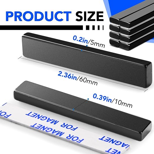DIYMAG Neodymium Strong Magnets，60 Pcs Magnet Strip for Fridge Craft Black | 60x10x5 mm Heavy Duty Rare Earth Magnetic Tape with Adhesive Backing on Shower Door Refrigerator Whiteboard Cabinet