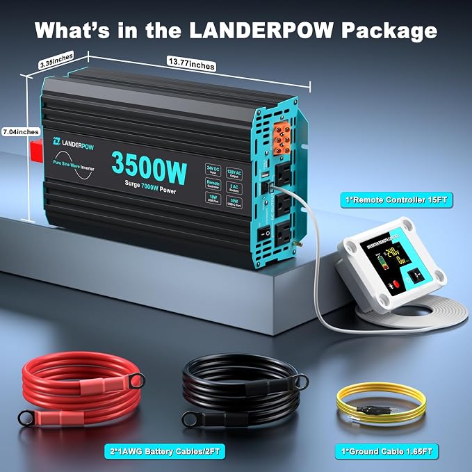 3500W Pure Sine Wave Inverter 24V DC to 120V AC for RV, Truck, Home, Off-Grid, Solar Power Inverter with 3 AC Outlet, 30W Type-C, 5V/3.1A USB, Hardwire Port, 15FT Remote Control, Surge 7000W
